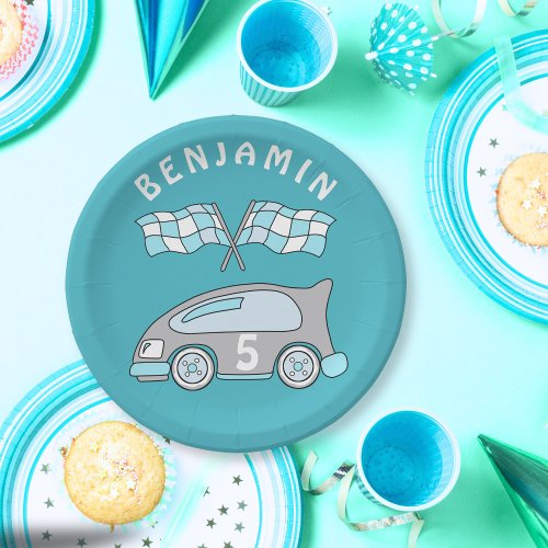 Cute Race Car Blue Name Age Boy Birthday Party Paper Plates