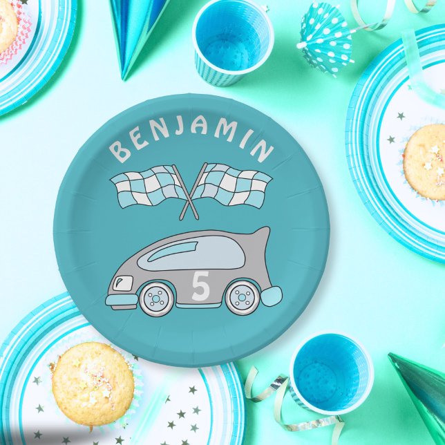 Cute Race Car Blue Name Age Boy Birthday Party Paper Plates (Creator Uploaded)