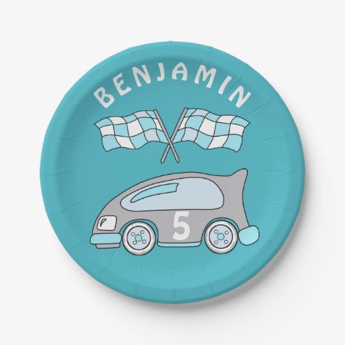Cute Race Car Blue Name Age Boy Birthday Party Paper Plates - Cute Race Car Blue Name Age Boy Birthday Party Paper Plate. Simple gray and blue racing car and two blue and white racing flags. The plates have a child`s name and his age on the car. It`s a perfect party birthday supply for a boy who loves cars.