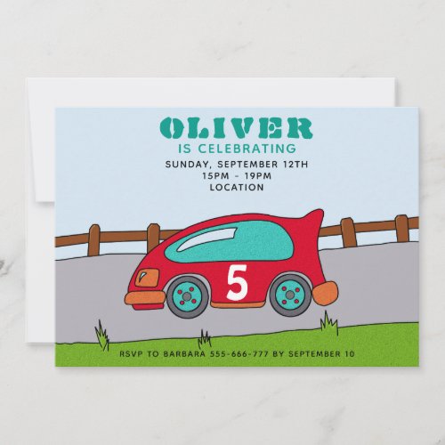 Cute Race Car Drawing Kids Birthday Party Invitation