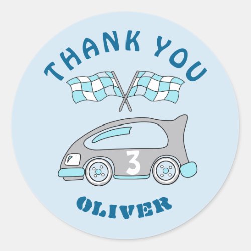 Cute Race Car Flags Blue Boy Birthday Thank you Classic Round Sticker