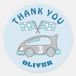 Cute Race Car Flags Blue Boy Birthday Thank you Classic Round Sticker