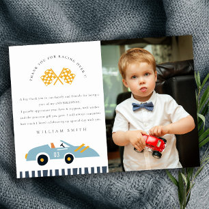 Cute Race Car Kids Blue Photo Any Age Birthday Thank You Card