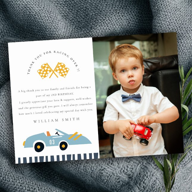 Cute Race Car Kids Blue Photo Any Age Birthday Thank You Card (Creator Uploaded)