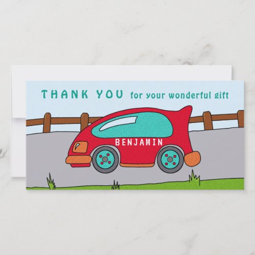 Cute Race Car Red Boy Birthday Thank you Card - Cute Red Race Car Drawing Boy Birthday Thank you Card. Red race car on the road. This design comes with a text Thank you for your wonderful gift and a name - personalize with your name and make a unique birthday thank you car for boys.
