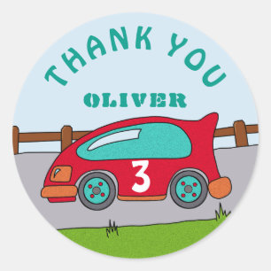 Cute Race Car Red Boy Name Age Birthday Thank you Classic Round Sticker