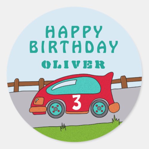 Cute Race Car Red Boy Name Age Happy Birthday Classic Round Sticker