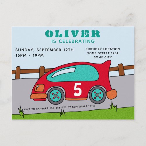 Cute Race Car Red Kids Birthday Party Invitation Postcard