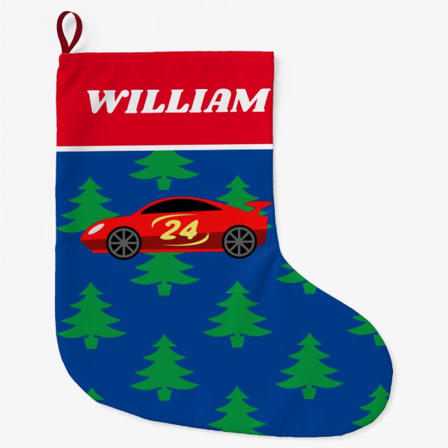 Cute race car with Christmas tree kid's stocking (Front)