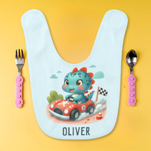 Cute Racer Dino Driving a Fast Car Baby Bib