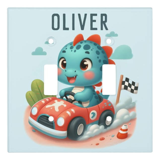 Cute Racer Dino Driving a Fast Car Light Switch Cover (Front)