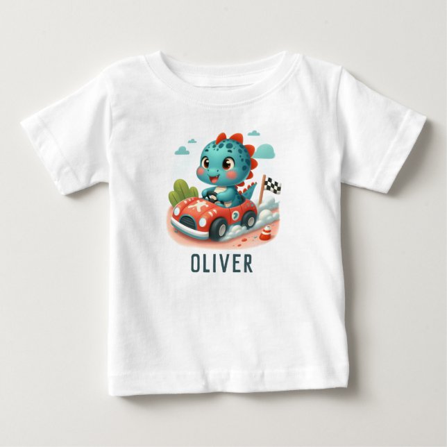 Cute Racer Dino Driving a Sports Car Baby T-Shirt (Front)