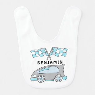 Cute Racing Car and Flags Name Baby Bib