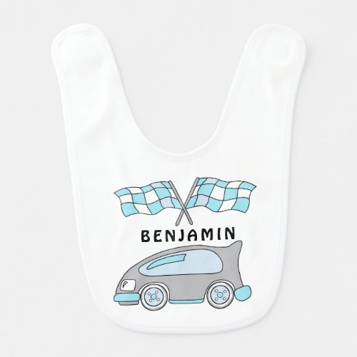 Cute Racing Car and Flags Name Baby Bib