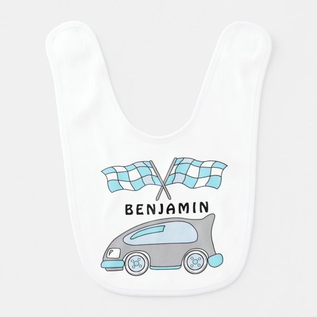 Cute Racing Car and Flags Name Baby Bib (Front)