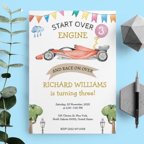 Cute Racing Car Kids Birthday Theme Invitation