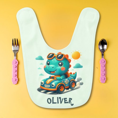 Cute Racing Dinosaur in a Car Baby Bib