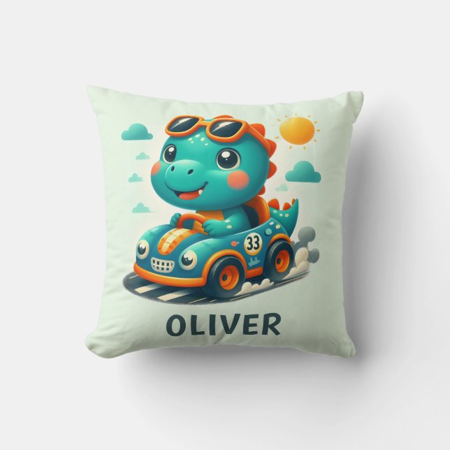 Cute Racing Dinosaur in a Car Light Green Throw Pillow (Front)
