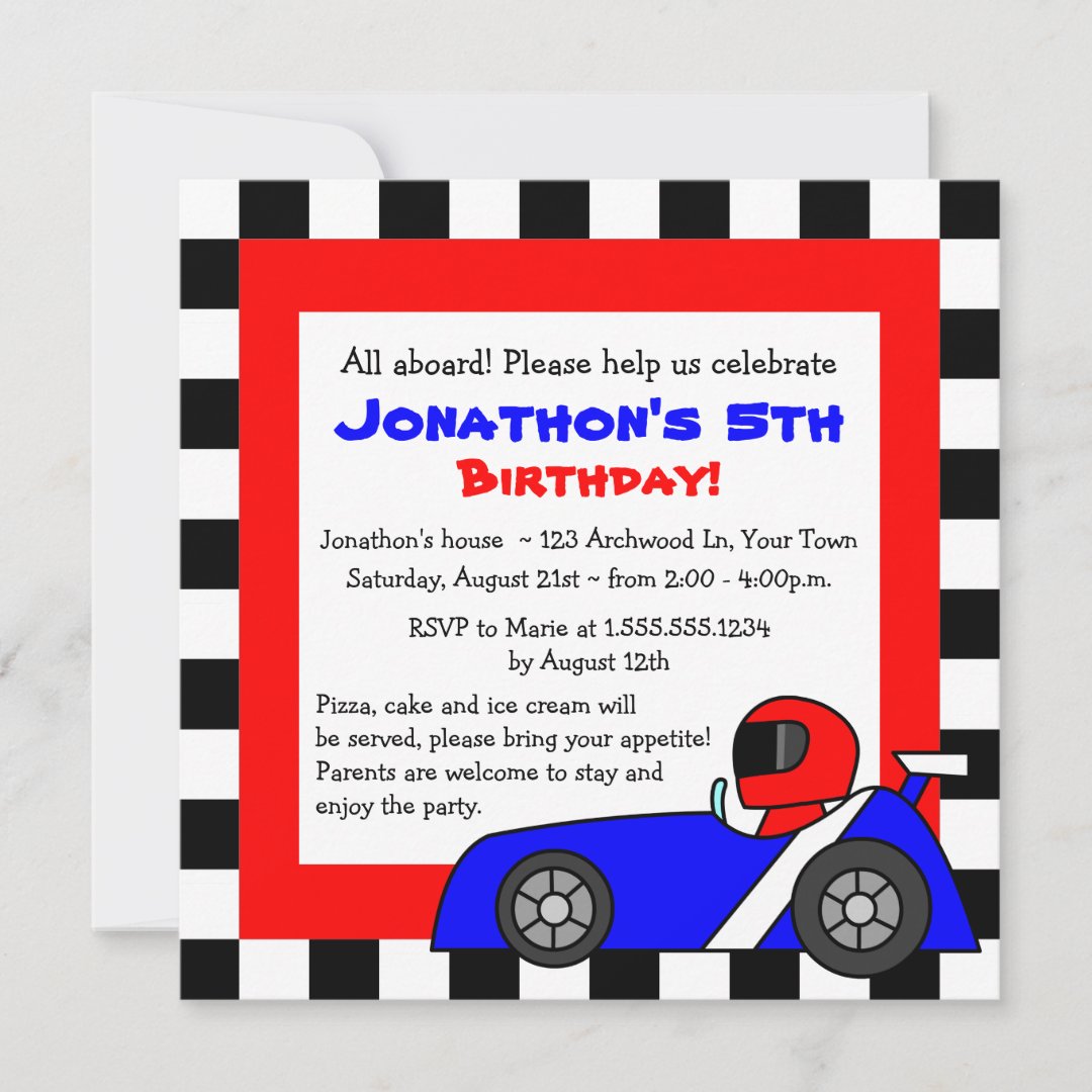 Cute Racing Themed Childrens Birthday Invitation 