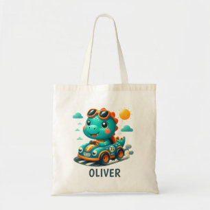 Cute Racing Trex Dinosaur and Race Car Tote Bag