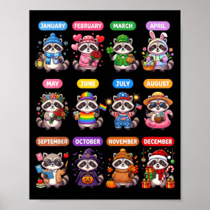 Cute Racoon 12 Month Calendar St.patrick Halloween Poster