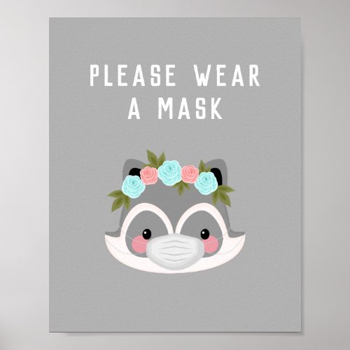 Cute Racoon Character Floral Wear Mask Gray Covid Poster