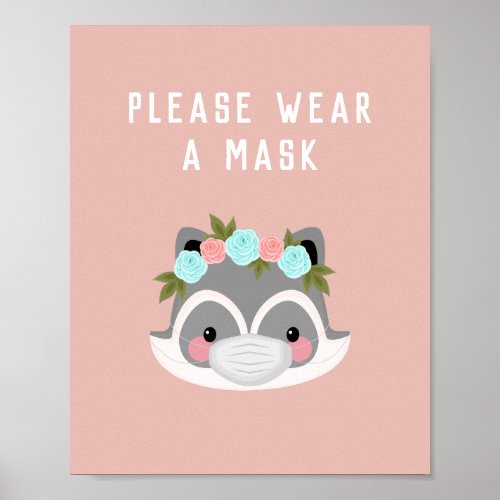 Cute Racoon Character Floral Wear Mask Pink Covid Poster