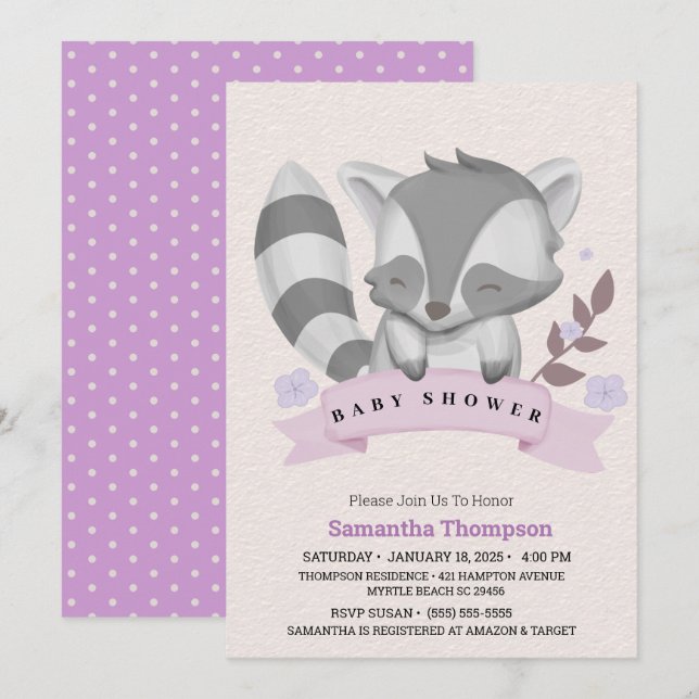 Cute Racoon Girls Purple  Baby Shower  Invitation (Front/Back)