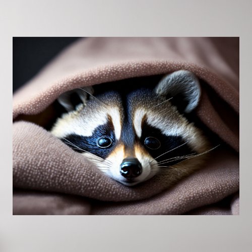 Cute Racoon nestled in a soft blanket animal Poster