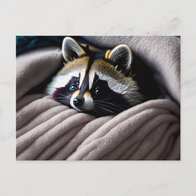 Cute Racoon nestled in a soft blanket Postcard (Front)