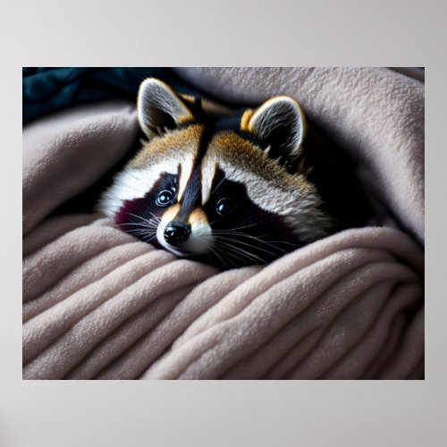 Cute Racoon nestled in a soft blanket Poster