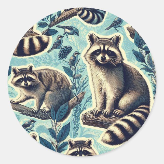 Cute Racoon Pattern Classic Round Sticker (Front)