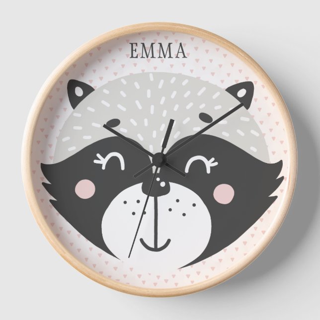 Cute Racoon Personalized Kids / Nursery Wall Clock (Front)