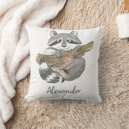 Cute Racoon Personalized Name Kids  Throw Pillow