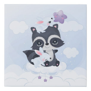 Cute Racoons and Bunnies Faux Canvas Print