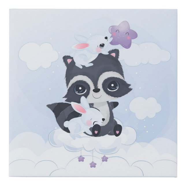 Cute Racoons and Bunnies Faux Canvas Print (Front)