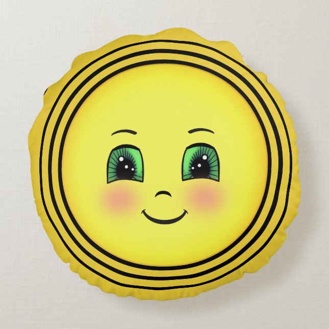 Cute Radiant Sun Happy Face Emoji Round Pillow (Back)