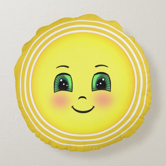 Cute Radiant Sun Happy Face Emoji Round Pillow (Back)
