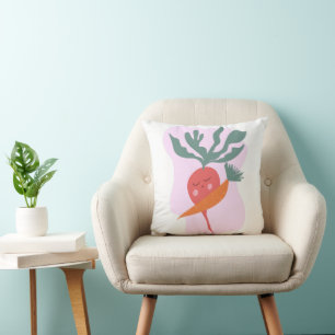 Cute Radish and Carrot Cartoon Throw Pillow