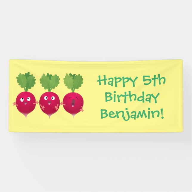 Cute radishes singing trio cartoon vegetables banner (Horizontal)