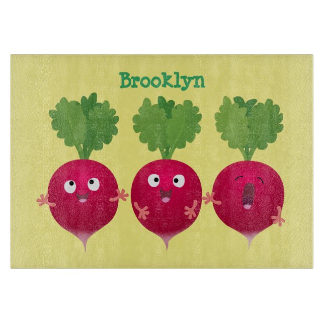 Cute radishes singing trio cartoon vegetables cutting board (Front)
