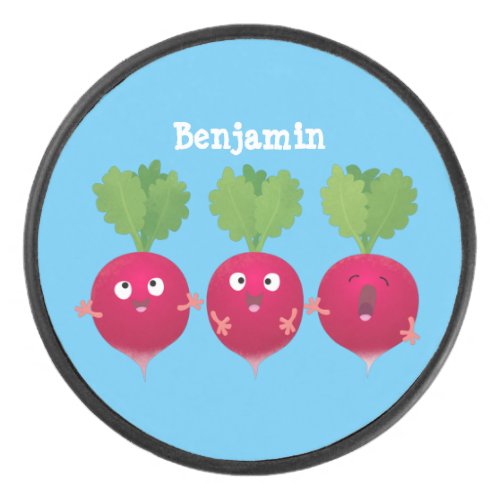 Cute radishes singing trio cartoon vegetables hockey puck