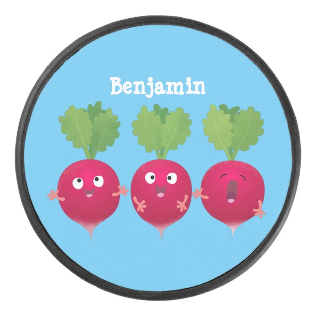 Cute radishes singing trio cartoon vegetables hockey puck (Front)