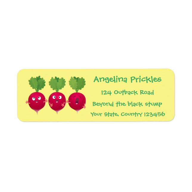 Cute radishes singing trio cartoon vegetables label (Front)