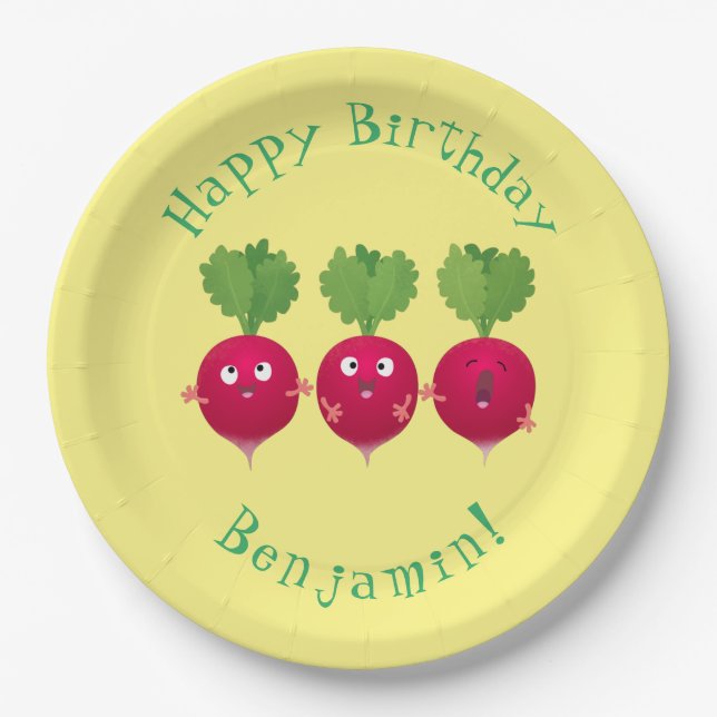 Cute radishes singing trio cartoon vegetables paper plates (Front)