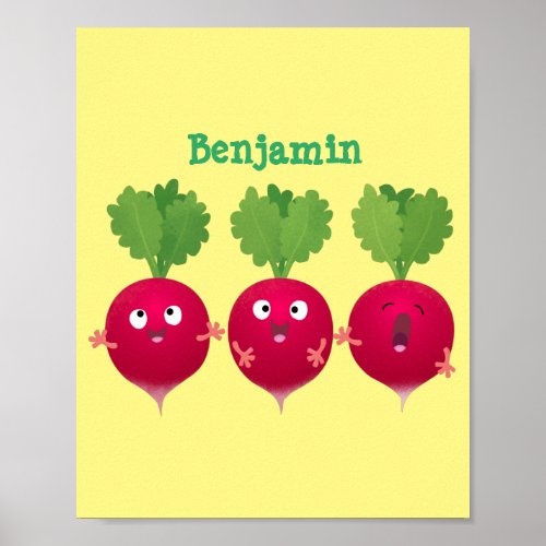 Cute radishes singing trio cartoon vegetables poster