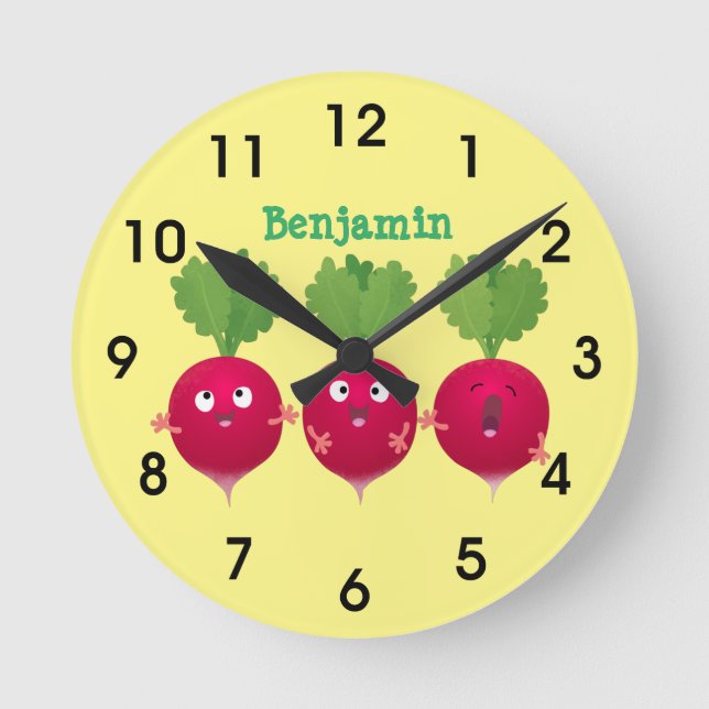 Cute radishes singing trio cartoon vegetables round clock (Front)