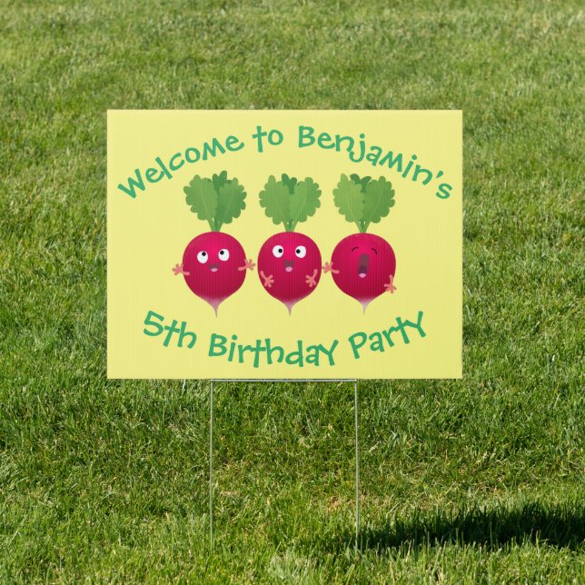 Cute radishes singing trio cartoon vegetables sign (Insitu)