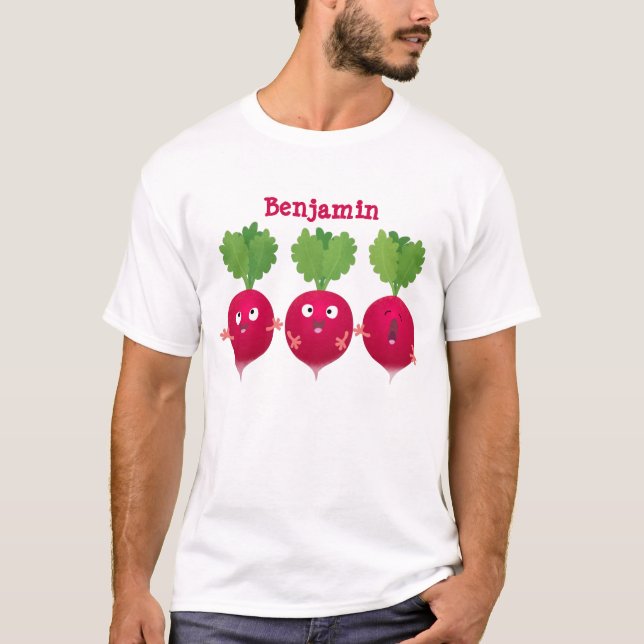 Cute radishes singing trio cartoon vegetables T-Shirt (Front)