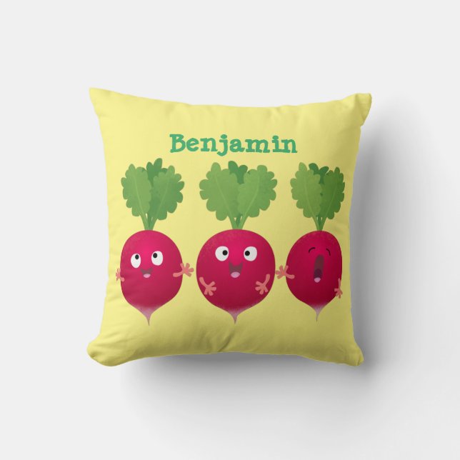 Cute radishes singing trio cartoon vegetables throw pillow (Front)